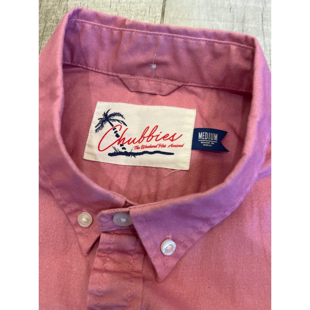Chubbies Mens Medium Pink Teal Striped Colorblock Short Sleeve Button Down Shirt